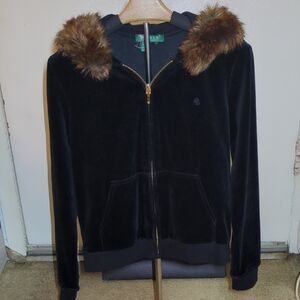 Ralph Lauren Black Velour Jacket with Removable Faux Fur Hood Size S ONLY  $55